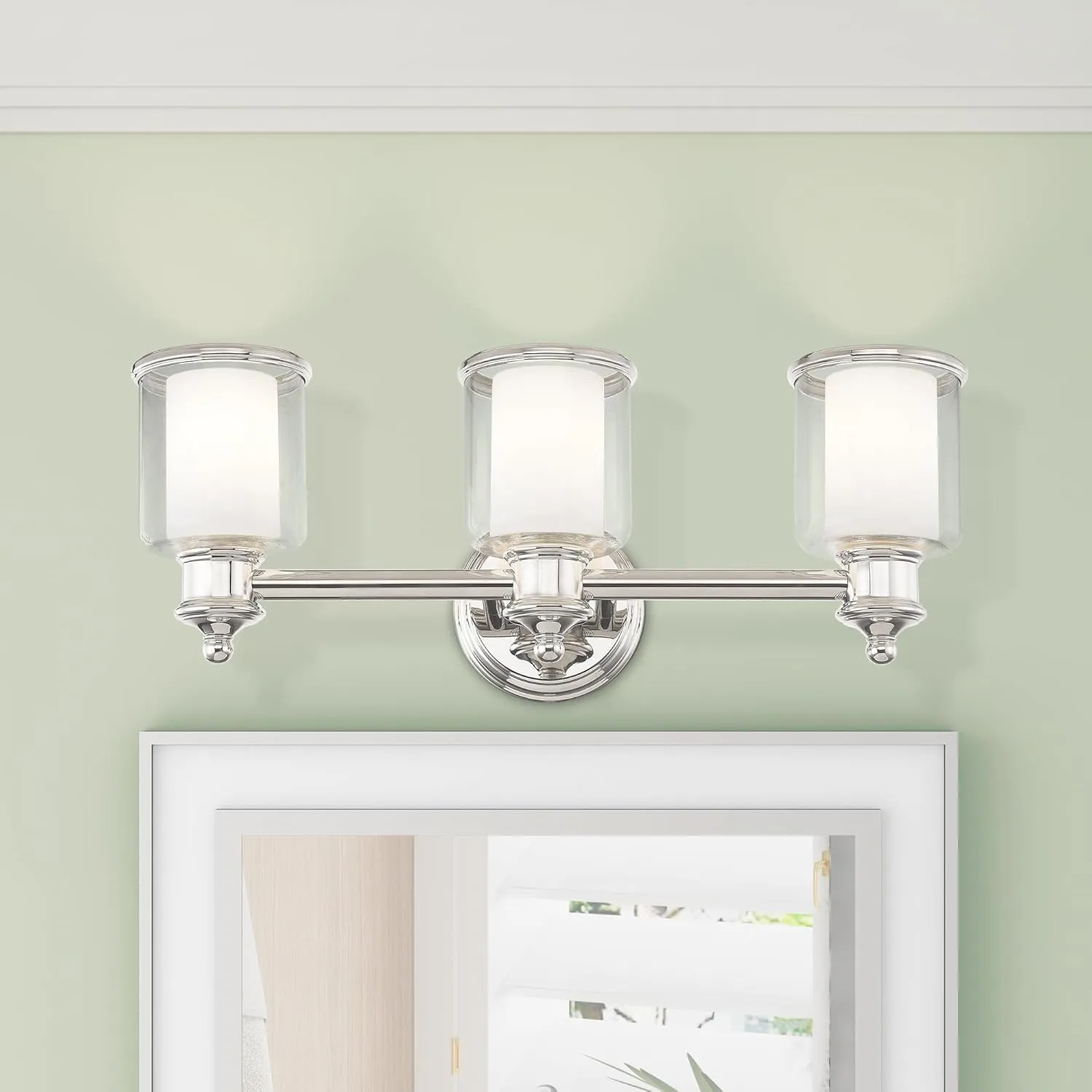 Livex Lighting 40213-35 Middlebush Collection 3-Light Bathroom Vanity Light with Double Shaded Hand Crafted Glass Shades, Polished Nickel, 23.5 x 6.5 x 9