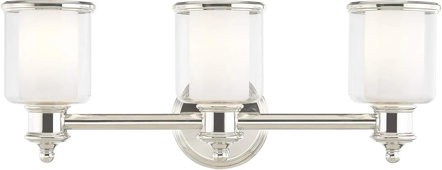 Livex Lighting 40213-35 Middlebush Collection 3-Light Bathroom Vanity Light with Double Shaded Hand Crafted Glass Shades, Polished Nickel, 23.5 x 6.5 x 9