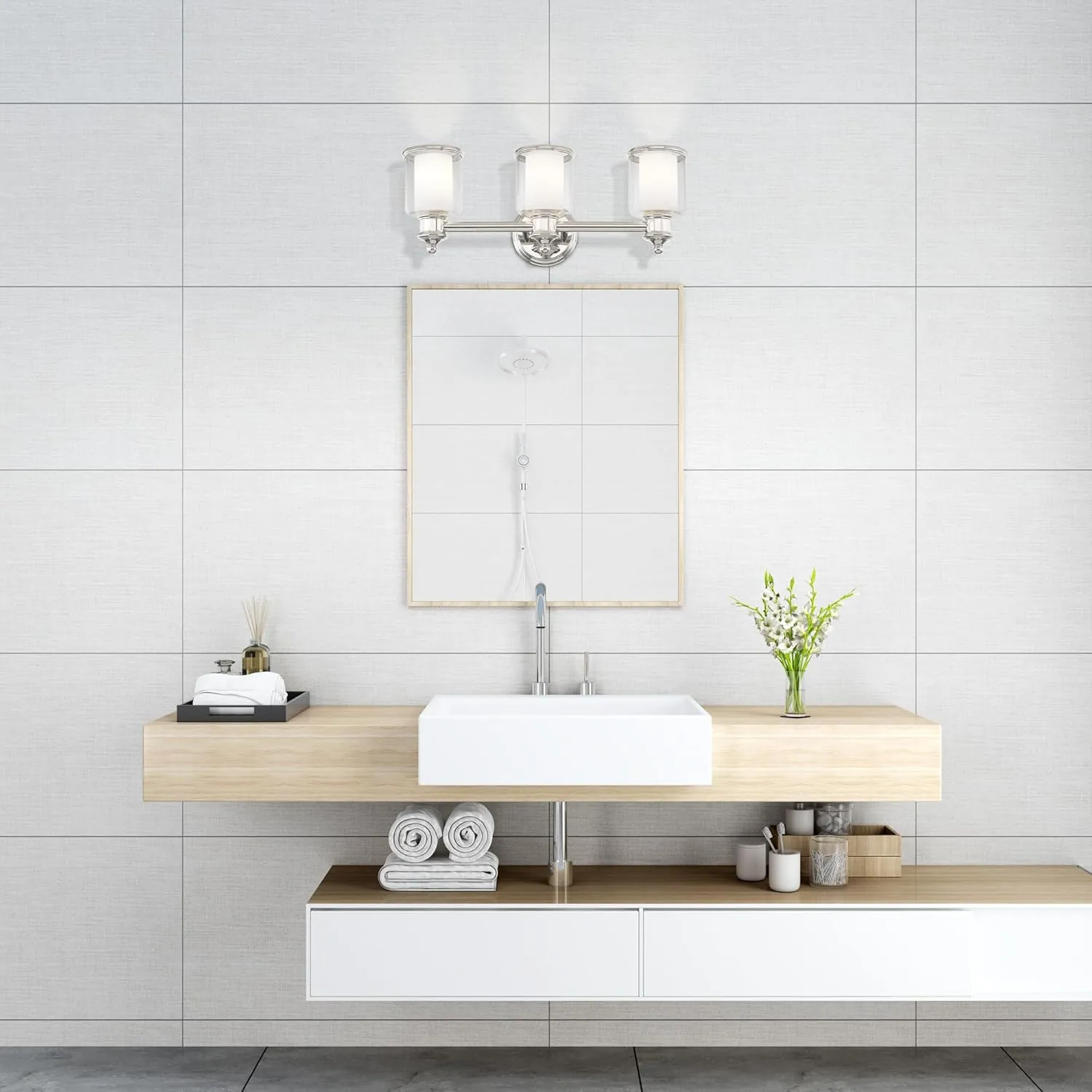 Livex Lighting 40213-35 Middlebush Collection 3-Light Bathroom Vanity Light with Double Shaded Hand Crafted Glass Shades, Polished Nickel, 23.5 x 6.5 x 9
