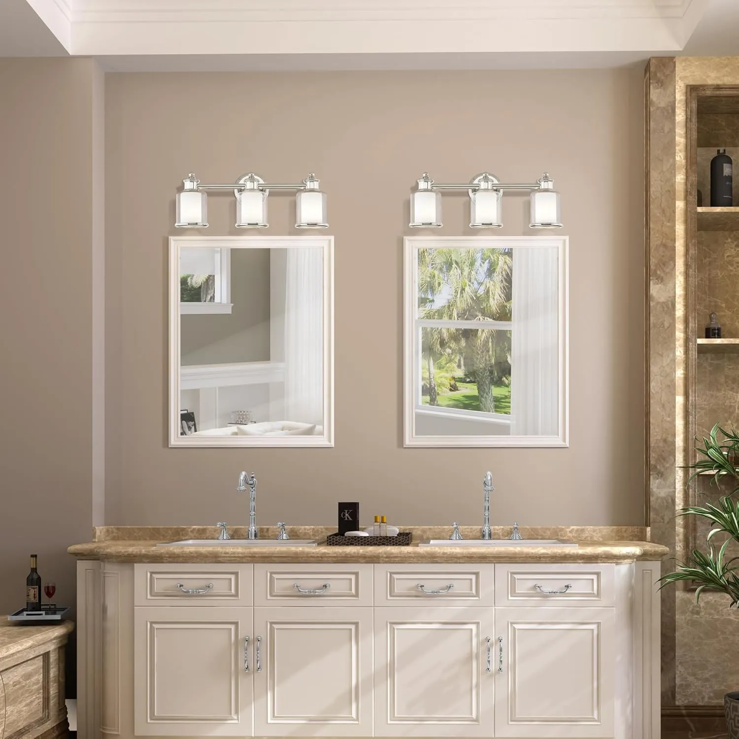 Livex Lighting 40213-35 Middlebush Collection 3-Light Bathroom Vanity Light with Double Shaded Hand Crafted Glass Shades, Polished Nickel, 23.5 x 6.5 x 9