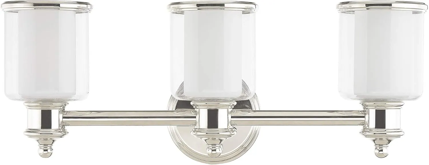 Livex Lighting 40213-35 Middlebush Collection 3-Light Bathroom Vanity Light with Double Shaded Hand Crafted Glass Shades, Polished Nickel, 23.5 x 6.5 x 9