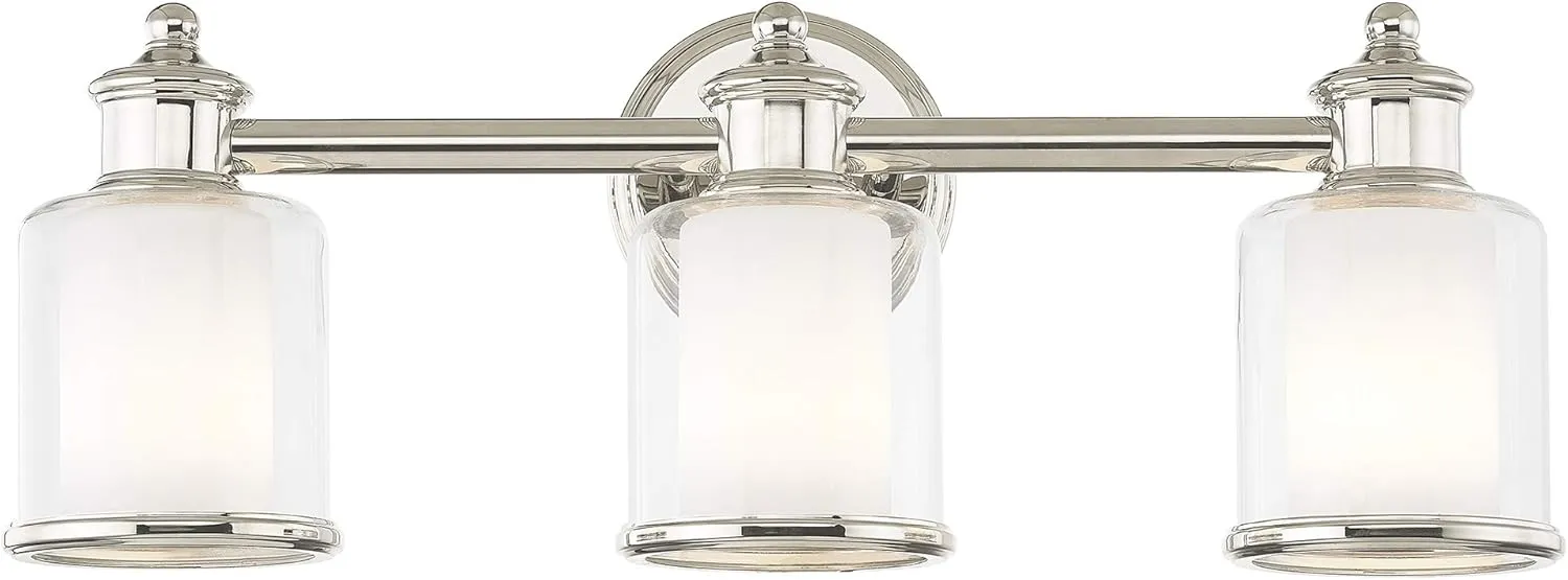 Livex Lighting 40213-35 Middlebush Collection 3-Light Bathroom Vanity Light with Double Shaded Hand Crafted Glass Shades, Polished Nickel, 23.5 x 6.5 x 9