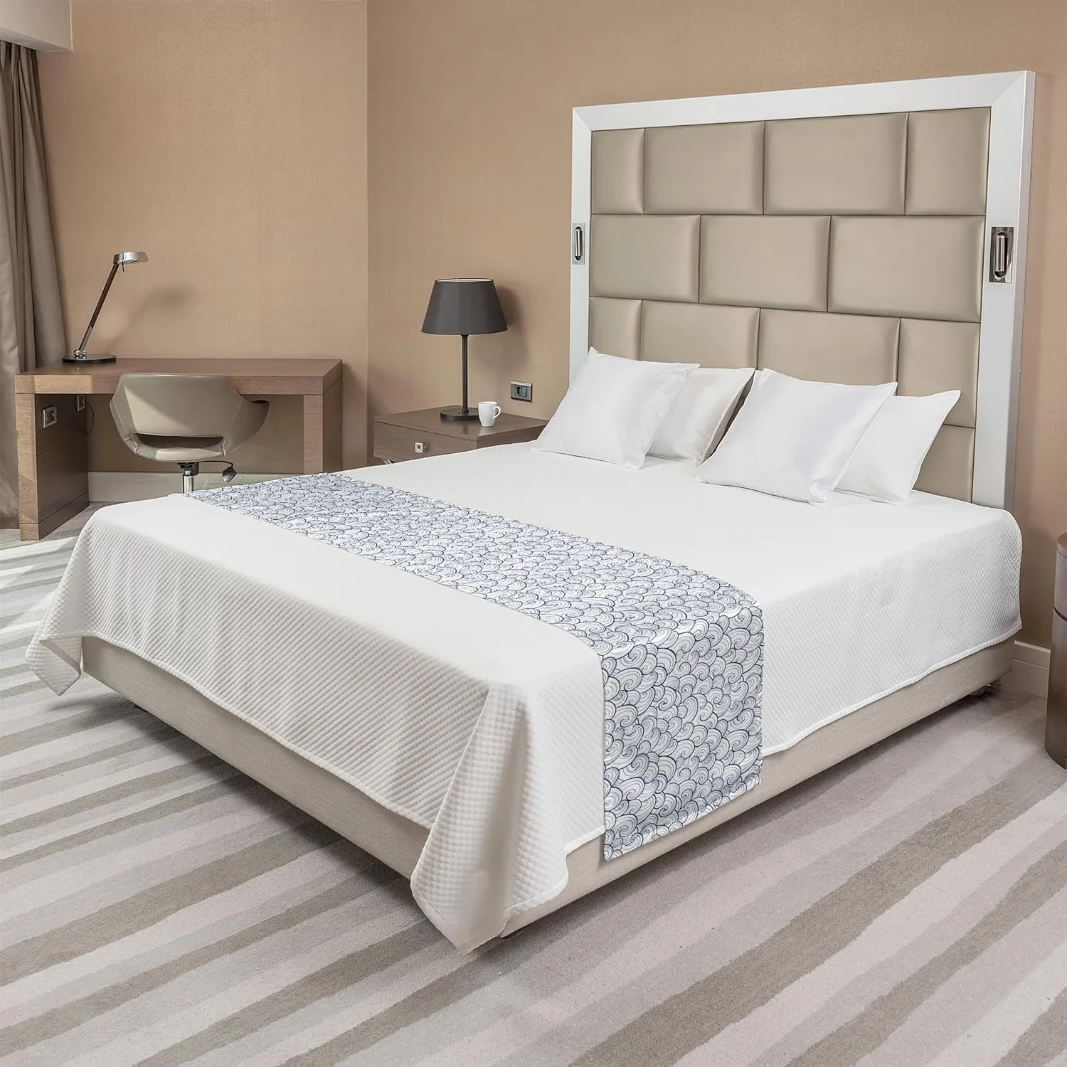 Lunarable Nautical Bed Runner, Sea Waves Abstract Swirls Spirals Stream Stormy Weather River Illustration, Decorative Accent Bedding Scarf for Hotels Homes and Guestrooms, King, Pale Blue