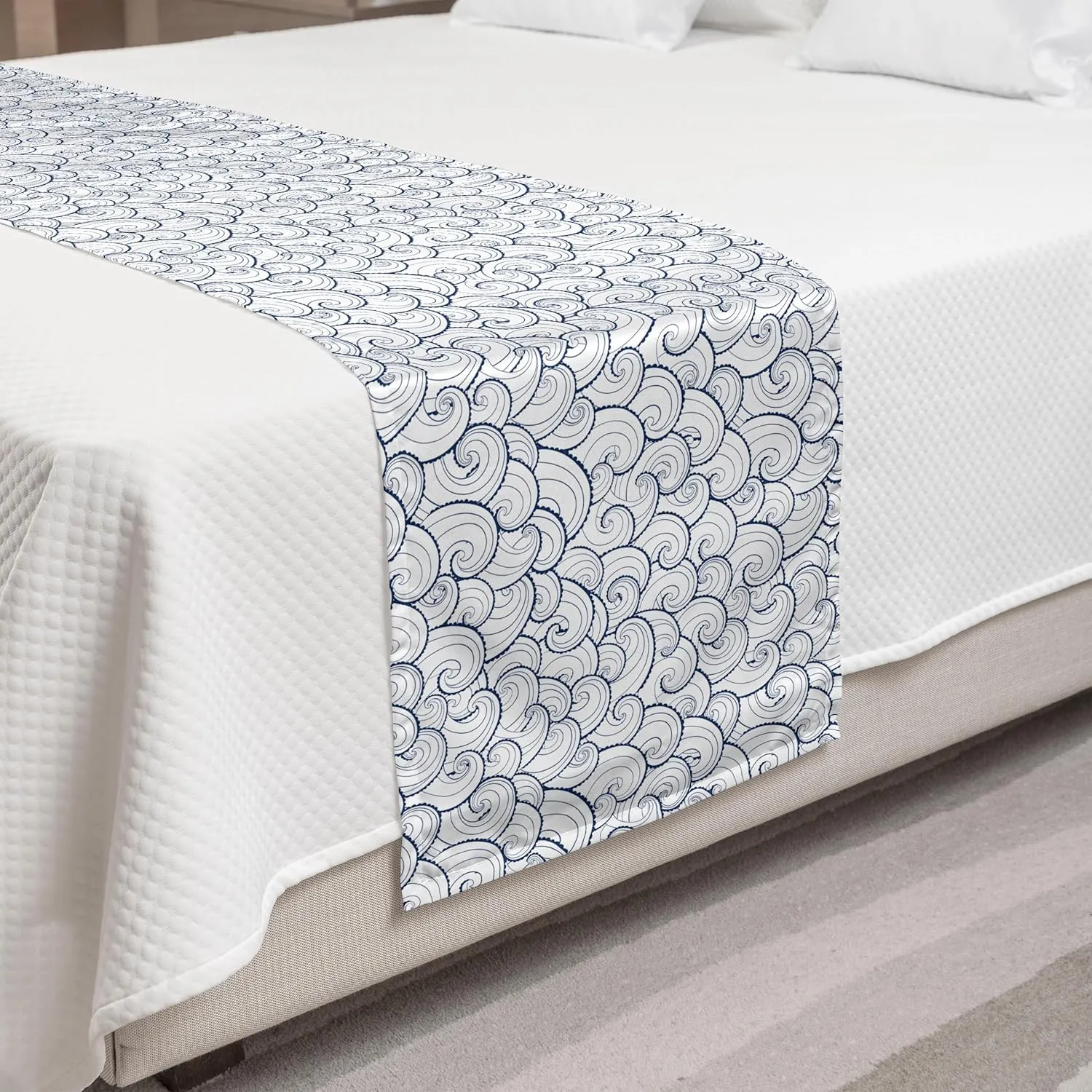 Lunarable Nautical Bed Runner, Sea Waves Abstract Swirls Spirals Stream Stormy Weather River Illustration, Decorative Accent Bedding Scarf for Hotels Homes and Guestrooms, King, Pale Blue