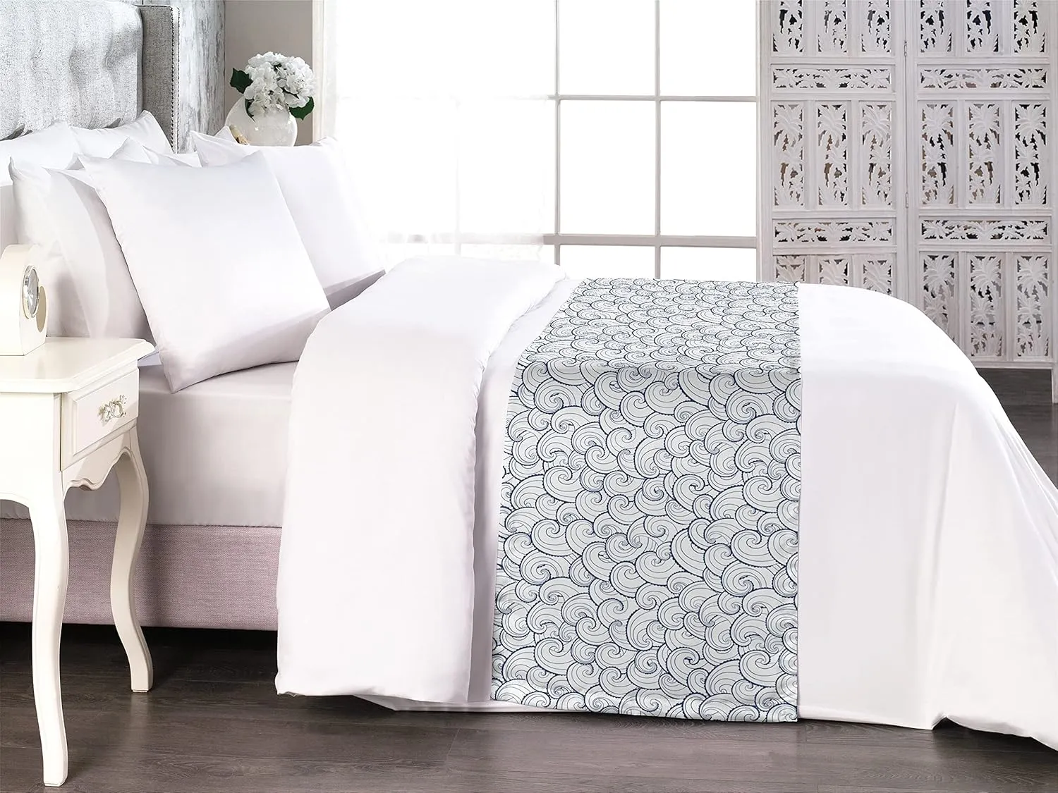 Lunarable Nautical Bed Runner, Sea Waves Abstract Swirls Spirals Stream Stormy Weather River Illustration, Decorative Accent Bedding Scarf for Hotels Homes and Guestrooms, King, Pale Blue