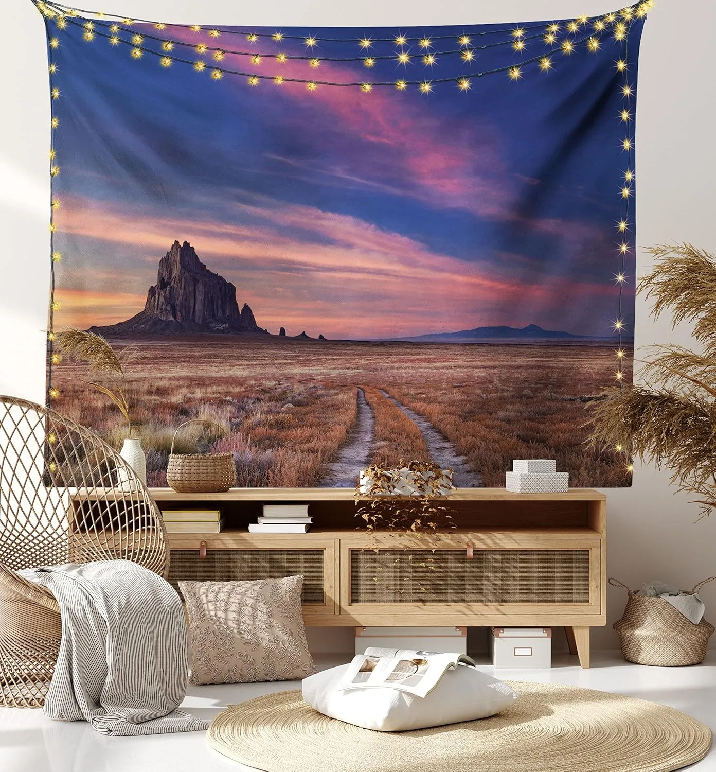 Lunarable Wilderness Tapestry, Shiprock Volcanic Mountain in Desert Plane of New Mexico USA Travel Destination, Wide Wall Hanging for Bedroom Living Room Dorm, 60" X 40", Purple Night Blue