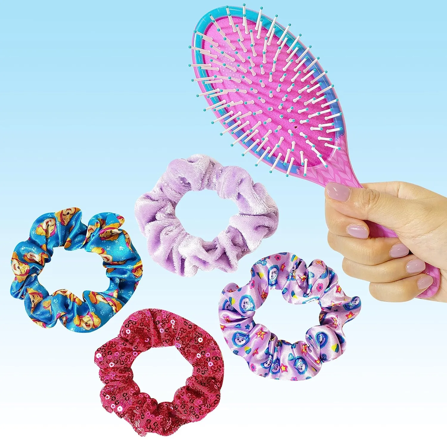 Luv Her Paw Patrol Hair Accessories Set - 9 inch Detangling Brush, 4 Scrunchies & Hair Ties for Girls