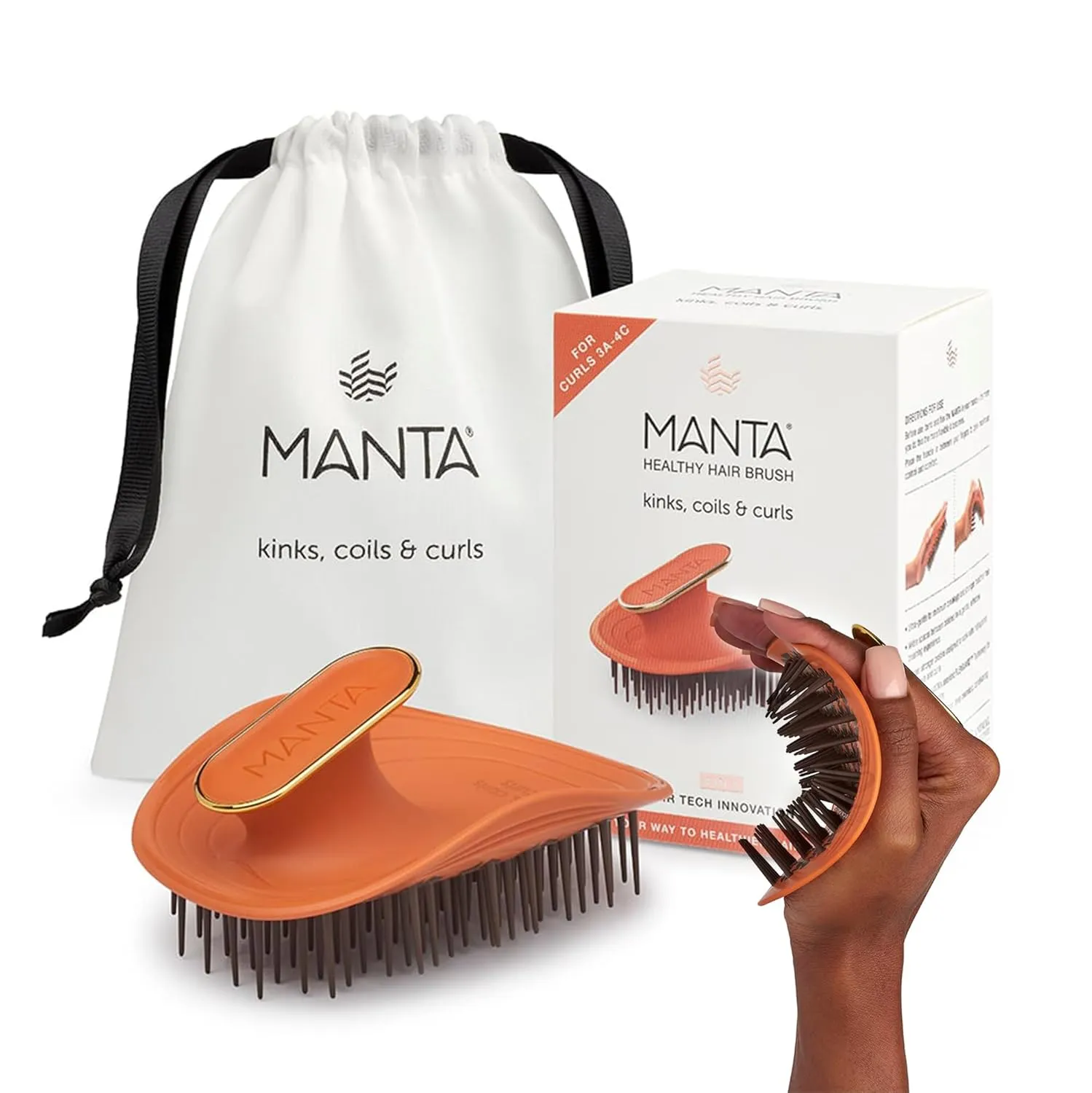 Manta Curls Anti-Breakage Hairbrush – Detangling Brush for Curly & Afro Hair, Gentle Wet & Dry Hairbrush for Women, Orange