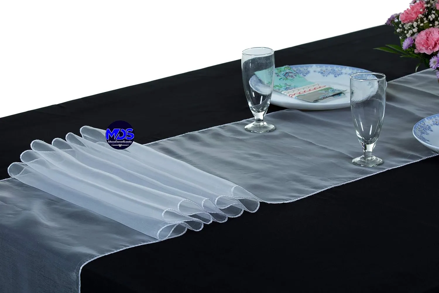 MDS 10 Pack Organza Table Runner 12 x 108 inch Long Premium Table Runners for Wedding Party, Events Decoration, Banquets Decorations, Bright and Smooth Silk Fabric Party Table Runner- White