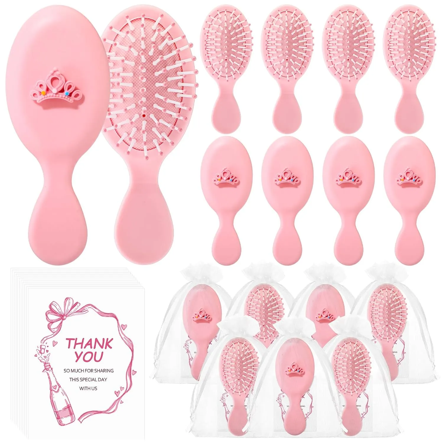 Meanplan 12 Sets Princess Party Favors Small Crown Pink Hair Brush Mini Compact Travel Hairbrush Thank You Cards for Classroom Princess Birthday Party Gifts