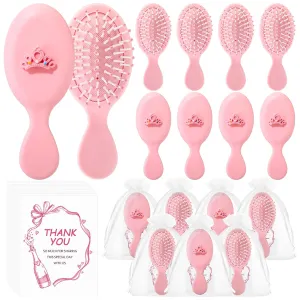 Meanplan 12 Sets Princess Party Favors Small Crown Pink Hair Brush Mini Compact Travel Hairbrush Thank You Cards for Classroom Princess Birthday Party Gifts