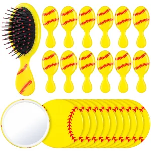 Meanplan 24 Pcs Softball Gifts for Team Bulk Softball Party Favors Include 12 Pcs Air Cushion Hair Brush and 12 Pcs 2.7 Inch Compact Mirror Round Makeup Mirror for Team Girl Player