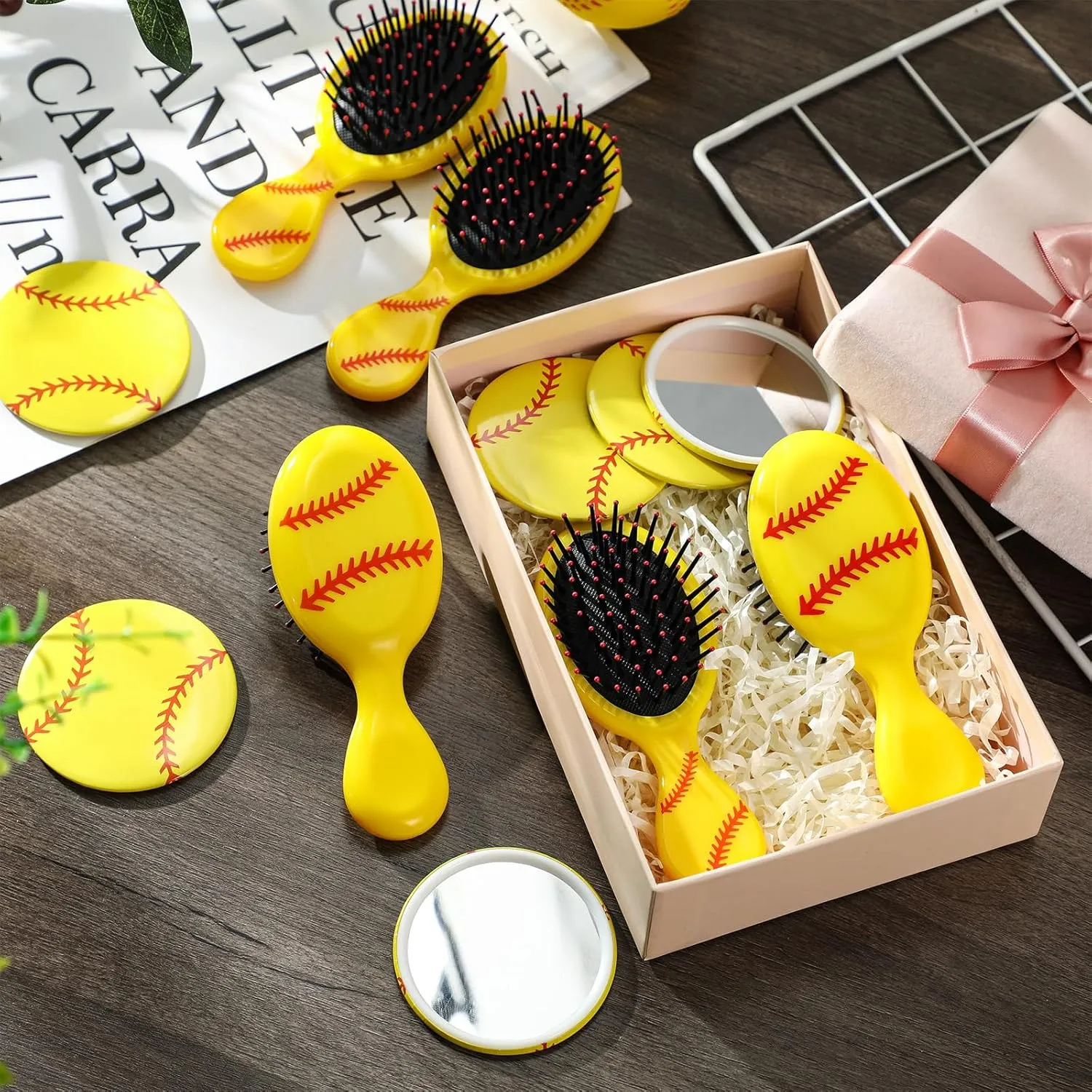 Meanplan 24 Pcs Softball Gifts for Team Bulk Softball Party Favors Include 12 Pcs Air Cushion Hair Brush and 12 Pcs 2.7 Inch Compact Mirror Round Makeup Mirror for Team Girl Player