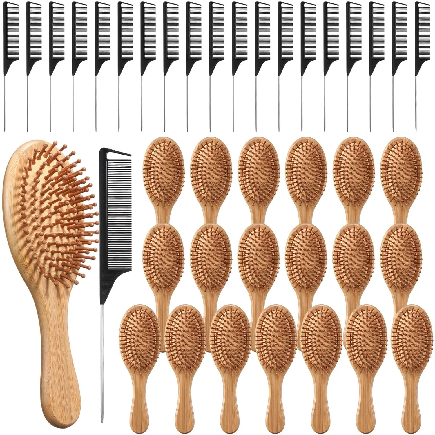 Meanplan 40 Pcs Bamboo Hair Brush Bulk Mini Wood Hairbrushes for Women Hair Growth Detangle Tail Comb Paddle Hairbrush for Massaging Scalp Women Men Wedding(Round Head)