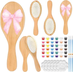 Meanplan 6 Set DIY Wooden Hairbrush Painting Kits Make Your Own Hair Brush Hand-Painted Hairbrush Night Party Supplies with Paint Brush and Palette for DIY Gift Party Crafts (Oval)