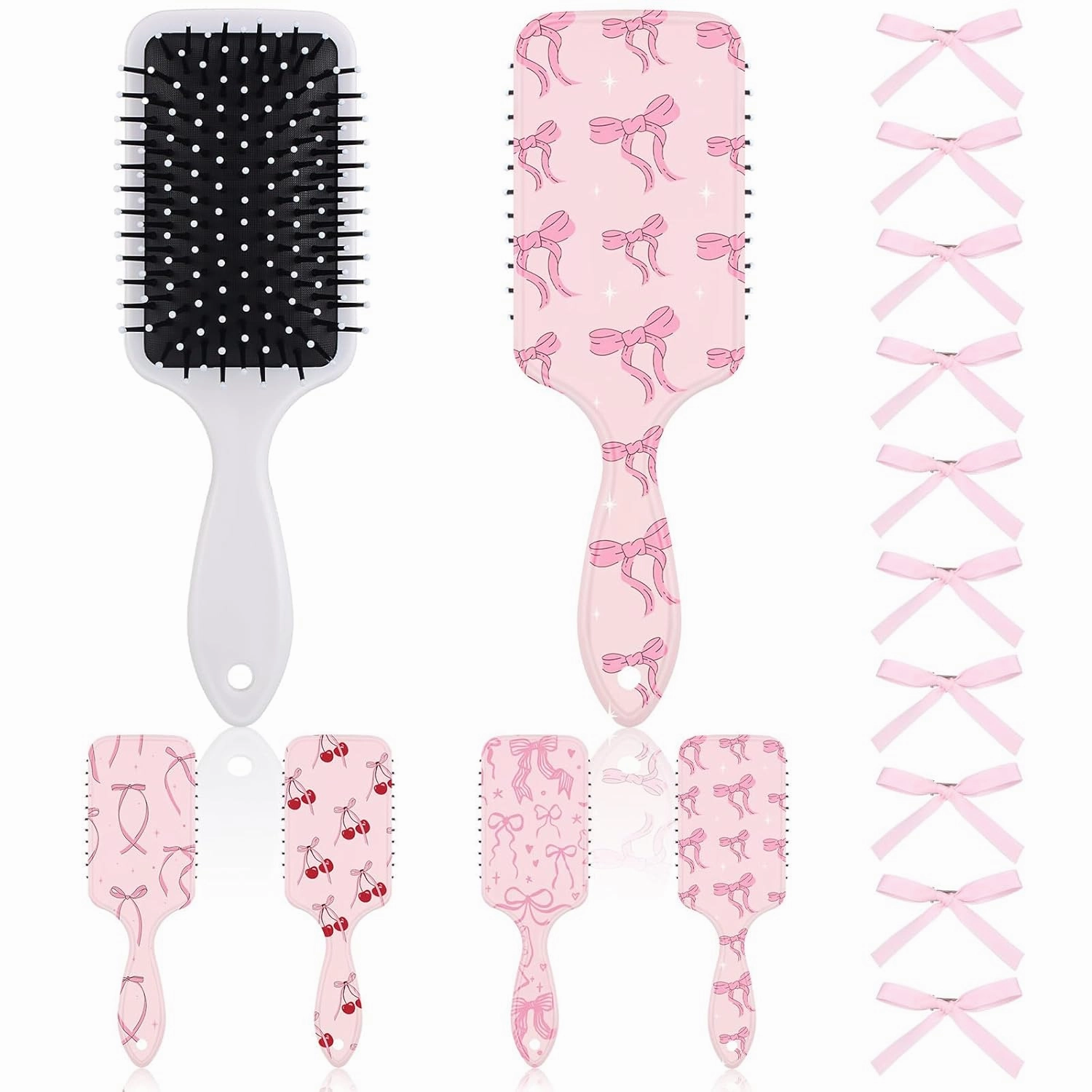 Meanplan 4 Pcs Pink Coquette Bow Hair Brush with 10 Pink Bow Hairpin Anti-static Massage Hair Comb Air Cushion Brush Cute Preppy Barrettes for Women Detangling Curly