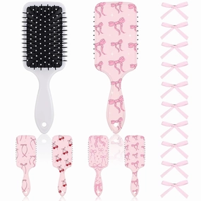 Meanplan 4 Pcs Pink Coquette Bow Hair Brush with 10 Pink Bow Hairpin Anti-static Massage Hair Comb Air Cushion Brush Cute Preppy Barrettes for Women Detangling Curly