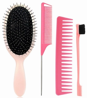 Metal Bristle Hair Brush and Comb Set for Women Men, Anti-frizz Detangling Paddle Hairbrush for Curly Fine Wavy Natural Hair, Scalp Massage Brush, Wet or Dry Use