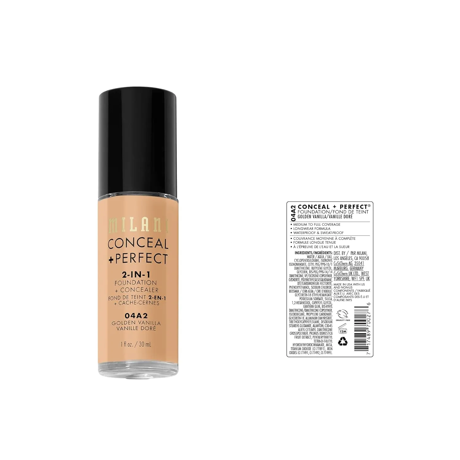 Milani Conceal   Perfect 2-in-1 Foundation   Concealer - Golden Vanilla (1 Fl. Oz.) Cruelty-Free Liquid Foundation - Cover Under-Eye Circles, Blemishes & Skin Discoloration for a Flawless Complexion