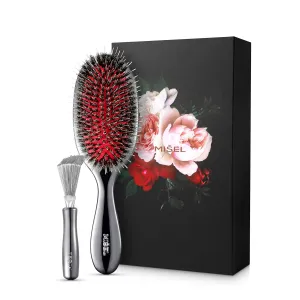 MISEL Boar Bristle Hair Brush and Cleaner Bundle | For Women & Men | Detangles Thin or Thick Hair and Extensions | Reduces Breakage | For Natural or Straight Hair | Medium