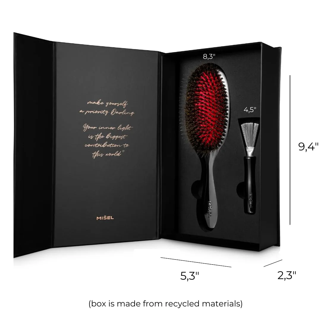 MISEL Boar Bristle Hair Brush and Cleaner Bundle | For Women & Men | Detangles Thin or Thick Hair and Extensions | Reduces Breakage | For Natural or Straight Hair | Medium