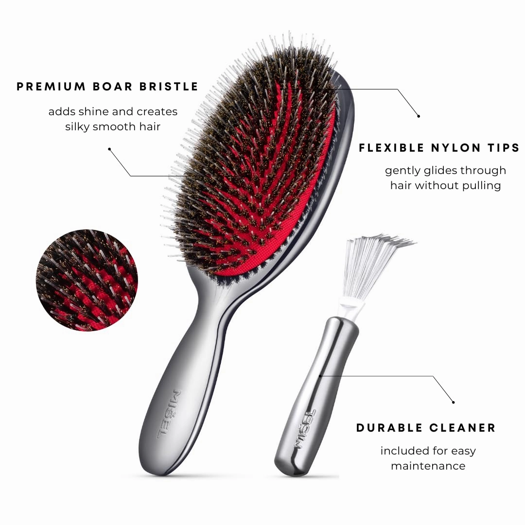 MISEL Boar Bristle Hair Brush and Brush Cleaner Bundle for Women and Men | Detangles Thin or Thick Natural Hair and Hair Extensions | Reduces Breakage | Great for Wavy and Straight Hair | Large