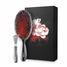 MISEL Boar Bristle Hair Brush and Brush Cleaner Bundle for Women and Men | Detangles Thin or Thick Natural Hair and Hair Extensions | Reduces Breakage | Great for Wavy and Straight Hair | Large