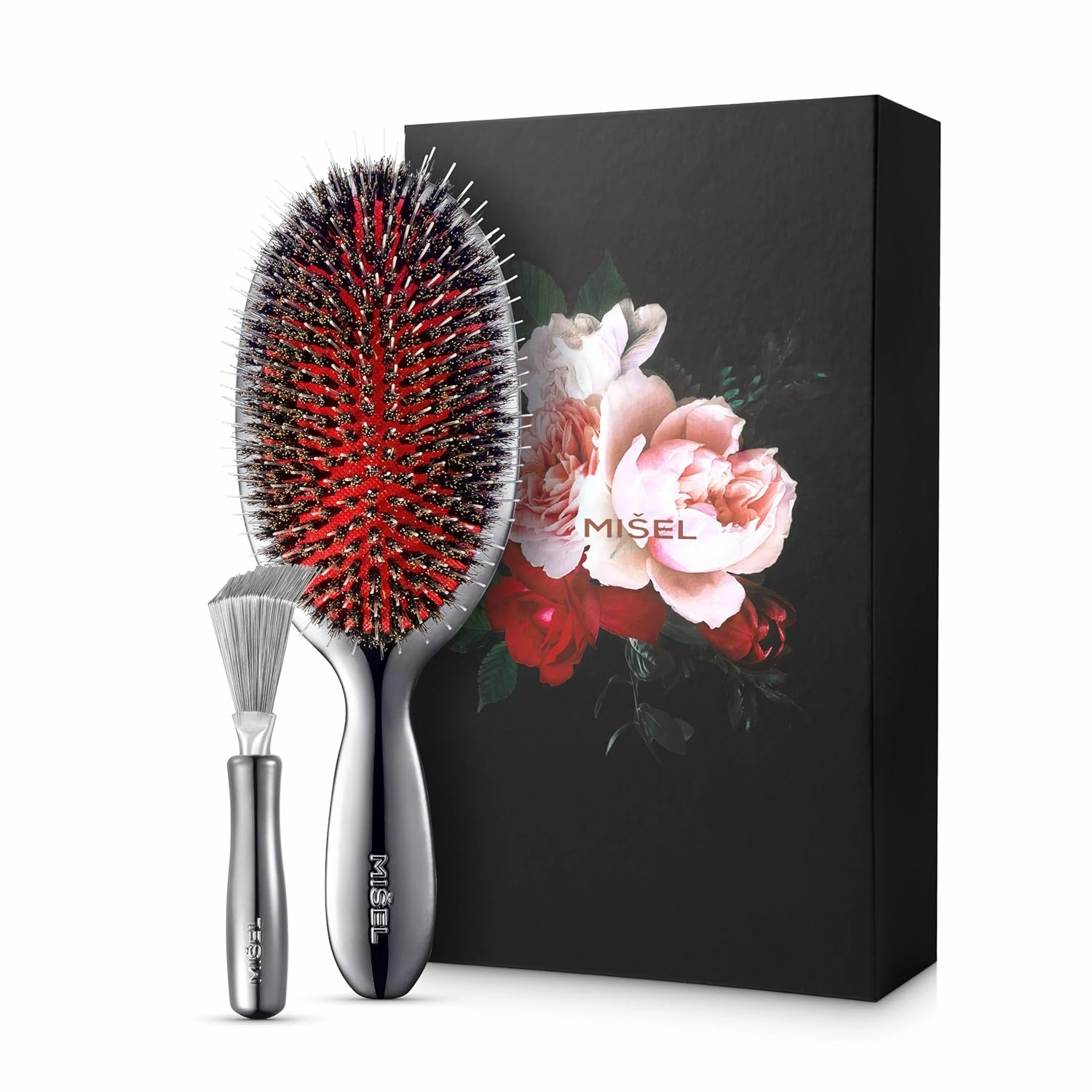 MISEL Boar Bristle Hair Brush and Brush Cleaner Bundle for Women and Men | Detangles Thin or Thick Natural Hair and Hair Extensions | Reduces Breakage | Great for Wavy and Straight Hair | Large