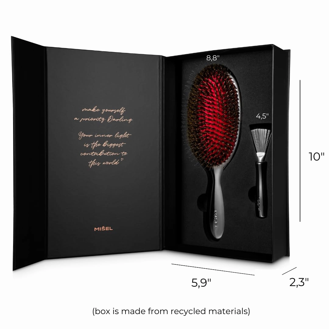 MISEL Boar Bristle Hair Brush and Brush Cleaner Bundle for Women and Men | Detangles Thin or Thick Natural Hair and Hair Extensions | Reduces Breakage | Great for Wavy and Straight Hair | Large