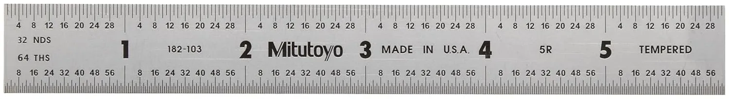 Mitutoyo 182-103, Steel Rule, 6" (5R), (1/32, 1/64", 1/10", 1/100"), 3/64" Thick X 3/4" Wide, Satin Chrome Finish Tempered Stainless Steel