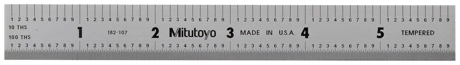 Mitutoyo 182-107, Steel Rule, 6"/150mm ( 1/10, 1/100", 1mm, 0.5mm), 3/64" Thick X 3/4" Wide, Satin Chrome Finish Tempered Stainless Steel