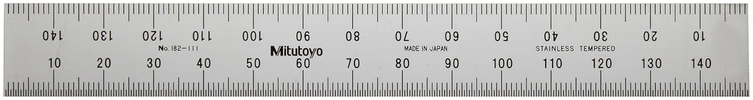 Mitutoyo 182-111, Steel Rule, 150mm, (1mm, 1/2mm), 1.2mm Thick X 19mm Wide, Satin Chrome Finish Tempered Stainless Steel