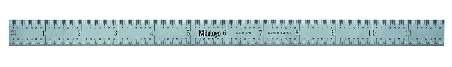 Mitutoyo 182-121, Steel Rule, 12" (4R), (1/8, 1/16, 1/32, 1/64"), 3/64" Thick X 1" Wide, Satin Chrome Finish Tempered Stainless Steel