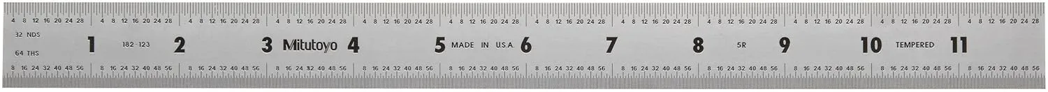 Mitutoyo 182-123, Steel Rule, 12" (5R), (1/32, 1/64, 1/10, 1/100"), 3/64" Thick X 1" Wide, Satin Chrome Finish Tempered Stainless Steel