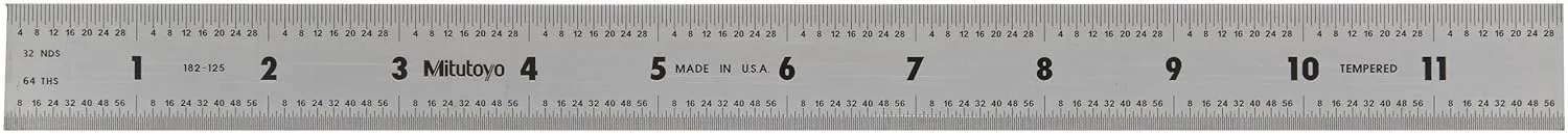 Mitutoyo 182-125, Steel Rule, 12"/300mm ( 1/32, 1/64", 1mm, 0.5mm), 3/64" Thick X 1" Wide, Satin Chrome Finish Tempered Stainless Steel