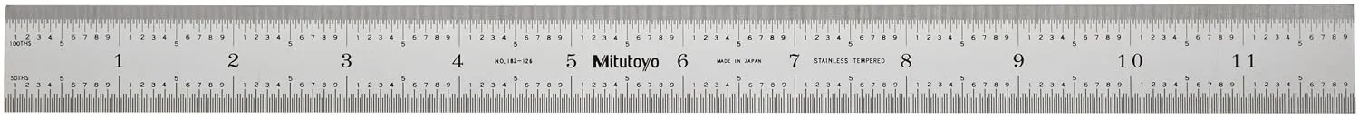 Mitutoyo 182-126, Steel Rule, 12"/300mm ( 1/50, 1/100", 1mm, 0.5mm), 3/64" Thick X 1" Wide, Satin Chrome Finish Tempered Stainless Steel