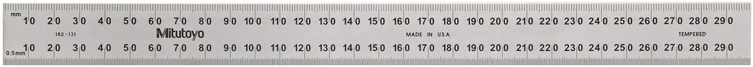 Mitutoyo 182-131, Steel Rule, 300mm (1mm, 0.5mm, 1mm, 0.5mm), 3/64" Thick X 25mm Wide, Satin Chrome Finish Tempered Stainless Steel