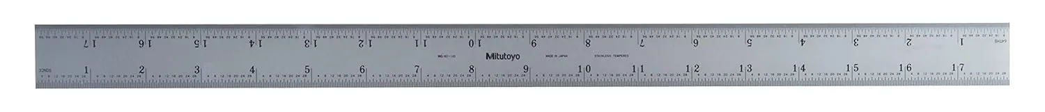 Mitutoyo 182-145, Steel Rule, 18"/450mm ( 1/32, 1/64", 1mm, 0.5mm), 3/64" Thick X 1-3/16" Wide, Satin Chrome Finish Tempered Stainless Steel