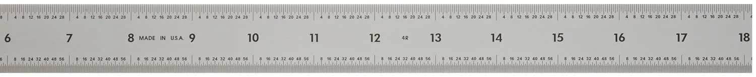 Mitutoyo 182-161, Steel Rule, 24" (4R), (1/8, 1/16, 1/32, 1/64"), 3/64" Thick X 13/16" Wide, Satin Chrome Finish Tempered Stainless Steel