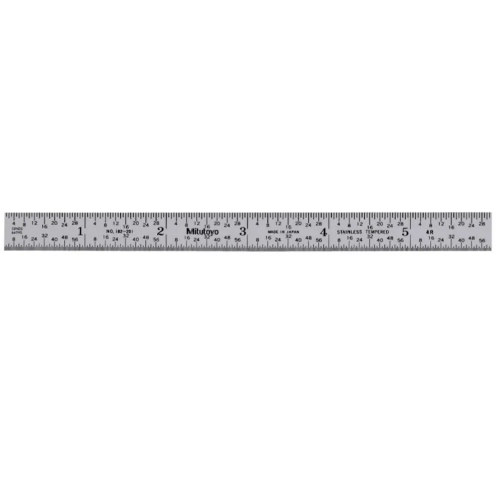 Mitutoyo 182-201, Steel Rule, 6" (4R), (1/8, 1/16, 1/32, 1/64"), 1/64" Thick X 1/2" Wide, Satin Chrome Finish Tempered Stainless Steel