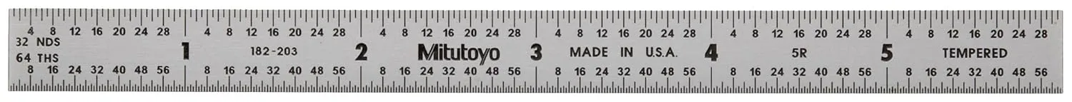 Mitutoyo 182-203, Steel Rule, 6" (5R), (1/32, 1/64, 1/10, 1/100"), 1/64" Thick X 1/2" Wide, Satin Chrome Finish Tempered Stainless Steel