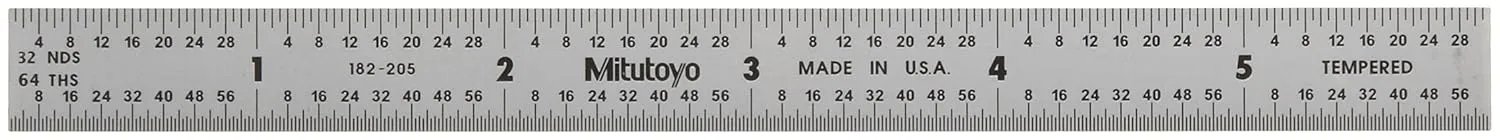 Mitutoyo 182-205, Steel Rule, 6" X 150mm, (1/32, 1/64", 1mm, 1/2mm), 1/64" Thick X 1/2" Wide, Satin Chrome Finish Tempered Stainless Steel
