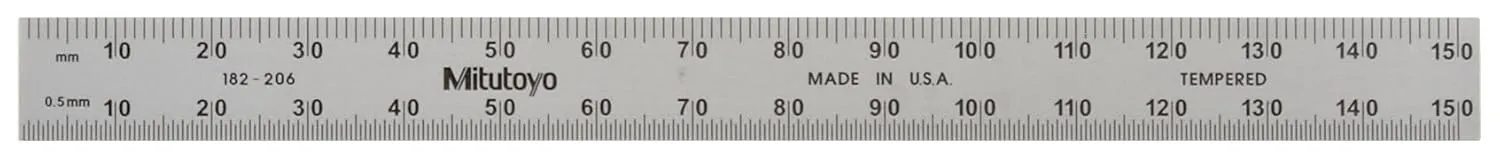 Mitutoyo 182-206, Steel Rule, 6"/150mm, (1/50", 1/100", 1mm, 1/2mm), 1/64" Thick X 1/2" Wide, Satin Chrome Finish Tempered Stainless Steel