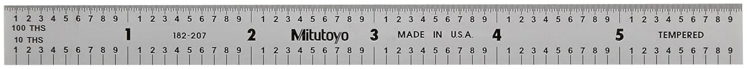 Mitutoyo 182-207, Steel Rule, 6" X 150mm, (1/10, 1/100", 1mm, 1/2mm), 1/64" Thick X 1/2" Wide, Satin Chrome Finish Tempered Stainless Steel