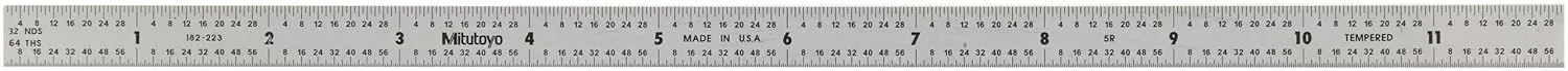 Mitutoyo 182-223, Steel Rule, 12" (5R), (1/32, 1/64, 1/10, 1/100"), 1/64" Thick X 1/2" Wide, Satin Chrome Finish Tempered Stainless Steel