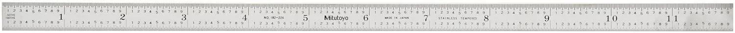 Mitutoyo 182-226, Steel Rule, 12"/300mm, (1/50", 1/100", 1mm, 1/2mm), 1/64" Thick X 1/2" Wide, Satin Chrome Finish Tempered Stainless Steel