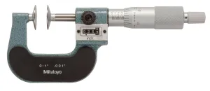 Mitutoyo 223-125 Disk Outside Micrometer, 0 to 1" Range, 0.001" Graduations, Mechanical Digit Counter, Rotating Spindle, Ratcheting Thimble Stop, Inch