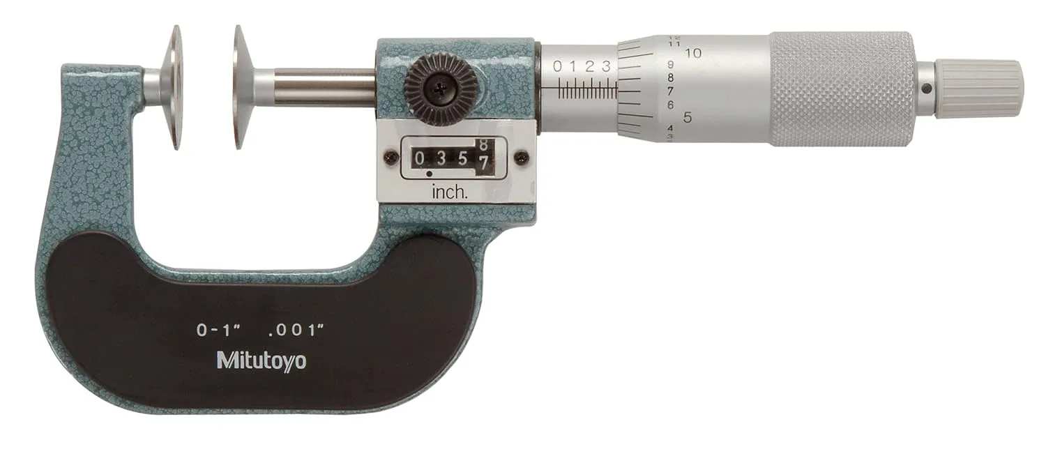 Mitutoyo 223-125 Disk Outside Micrometer, 0 to 1" Range, 0.001" Graduations, Mechanical Digit Counter, Rotating Spindle, Ratcheting Thimble Stop, Inch