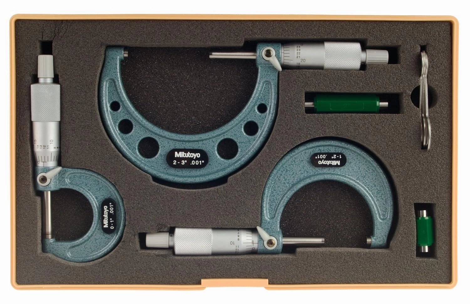 Mitutoyo 103-929 Outside Micrometer Set with Standards, Ratchet Stop, 0-3" Range, 0.001" Graduation (3 Piece Set)