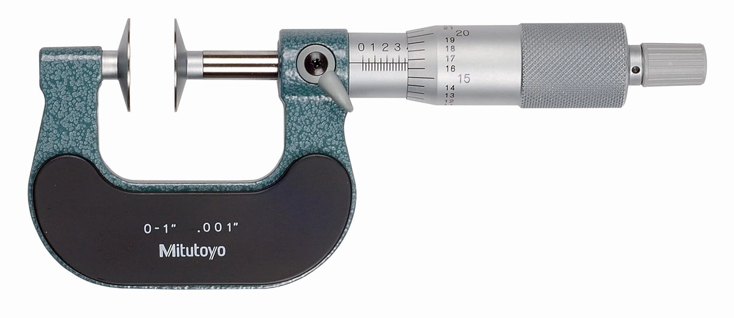 Mitutoyo 123-125, 0 - 1" X .001" Disk Micrometer, .787" Dia. Disks, Ratchet, Rotating Spindle